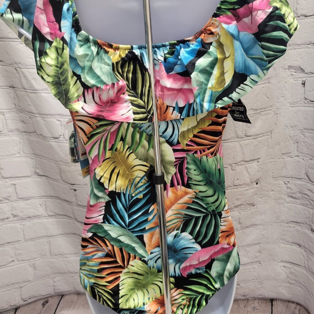Swim Solutions Off The Shoulder Ruffle Palm Black One Piece Swimsuit - Picture 4 of 5